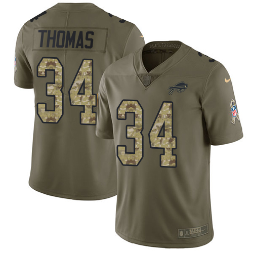 Nike Bills #34 Thurman Thomas Olive/Camo Men's Stitched NFL Limited Salute To Service Jersey